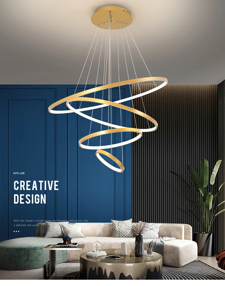 Lustre Anneau LED Villa Design — Fer Forgé Multi-anneaux — Salon et Chambre