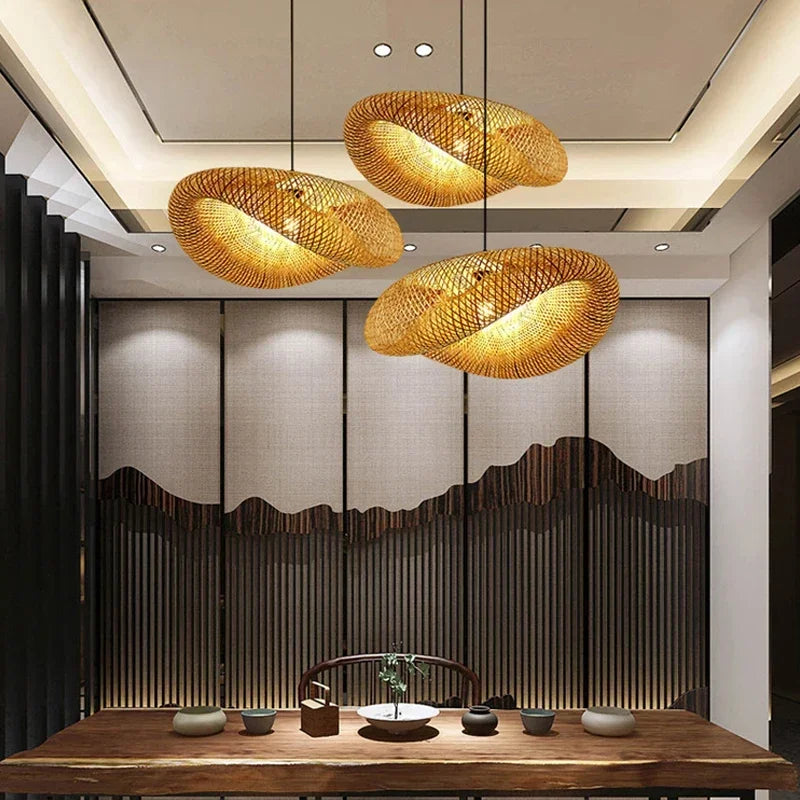 Lustre Bambou Tressé Artisanal LED — Design Vintage Naturel — 40 à 80cm