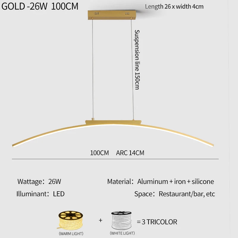 Lustre Arc LED Contemporain Dimmable — Cuisine et Restaurant — Design Épuré