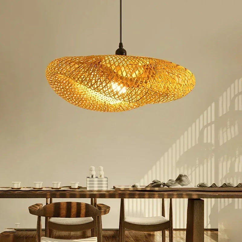Suspension Bambou LED Tressée 40/50/60/80/100cm | Lustre Vintage Artisanal | Luminaire Naturel