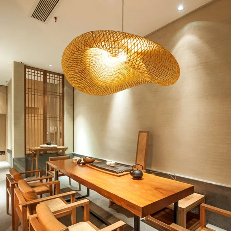Suspension Bambou Tissé Main Rotin Naturel - Lustre LED 40 à 100cm