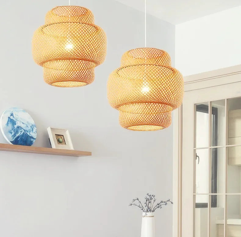 Suspension Bambou Moderne 30/40/50cm | Lustre Minimaliste Naturel | Luminaire Boho Scandinave