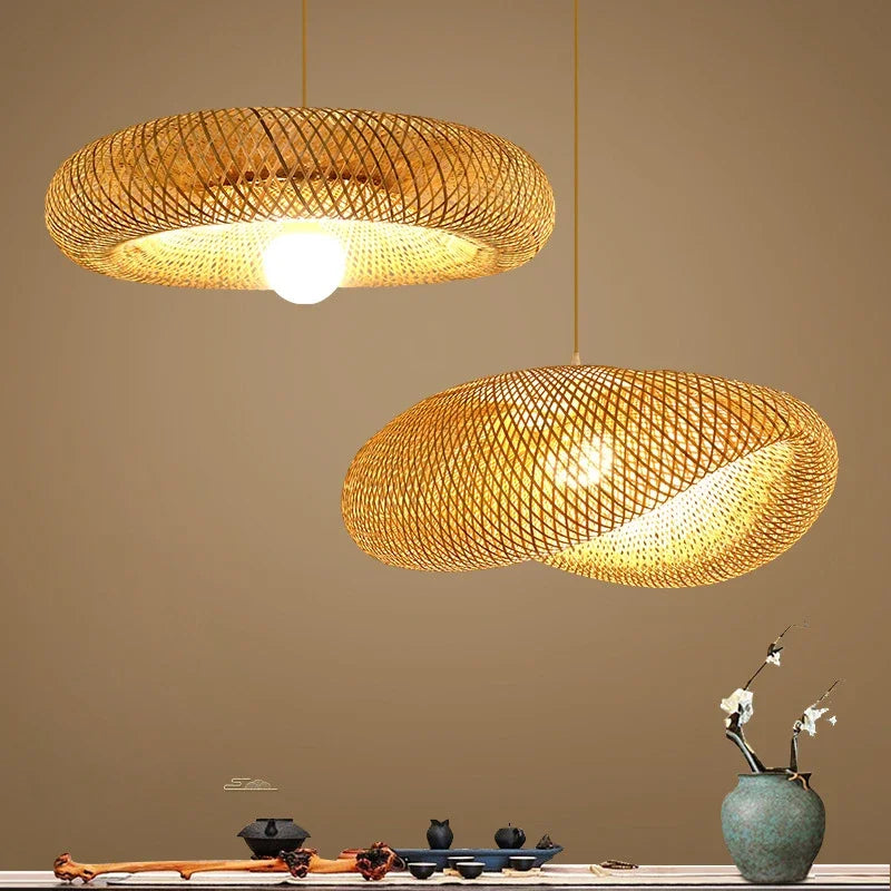 Suspension Bambou Tissé Main Rotin Naturel - Lustre LED 40 à 100cm