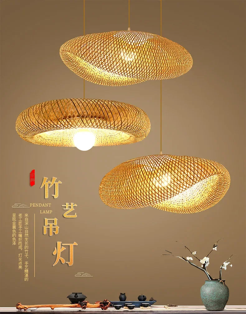 Suspension Bambou Tissé Main Rotin Naturel - Lustre LED 40 à 100cm