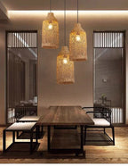 Suspension Bambou Rotin Rétro Japonais - Lustre Artisanal Tressé LED