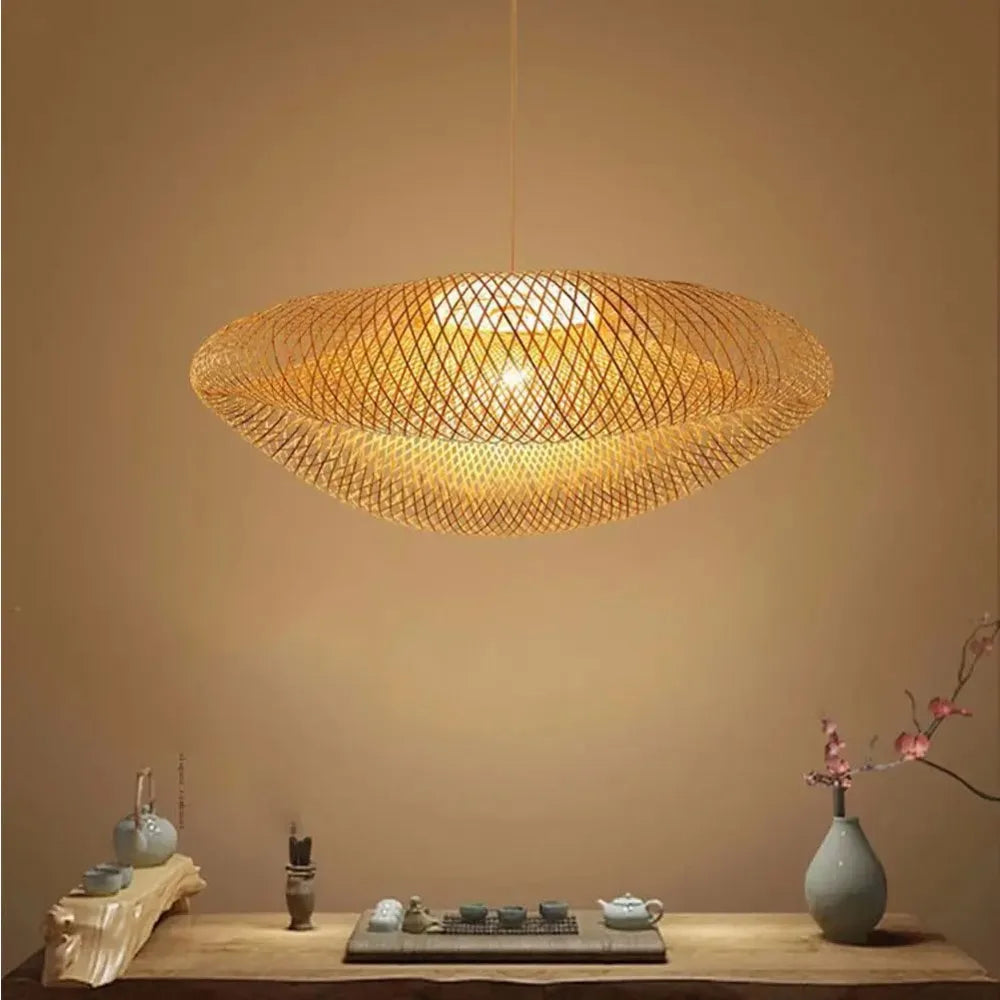 Lustre Rotin Tressé Main Vintage 40/60/80cm - Suspension Rustique LED