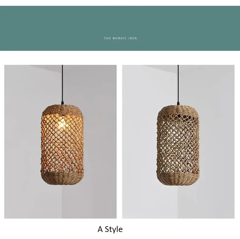 Suspension Bambou Rotin Rétro Japonais - Lustre Artisanal Tressé LED