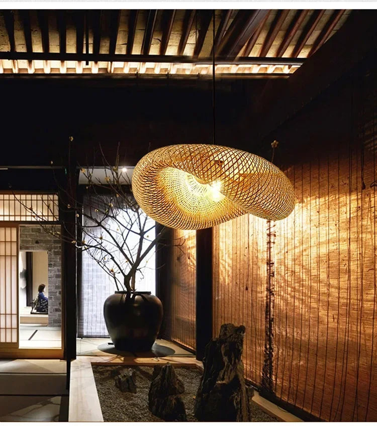 Lustre Bambou Tressé Artisanal LED — Design Vintage Naturel — 40 à 80cm