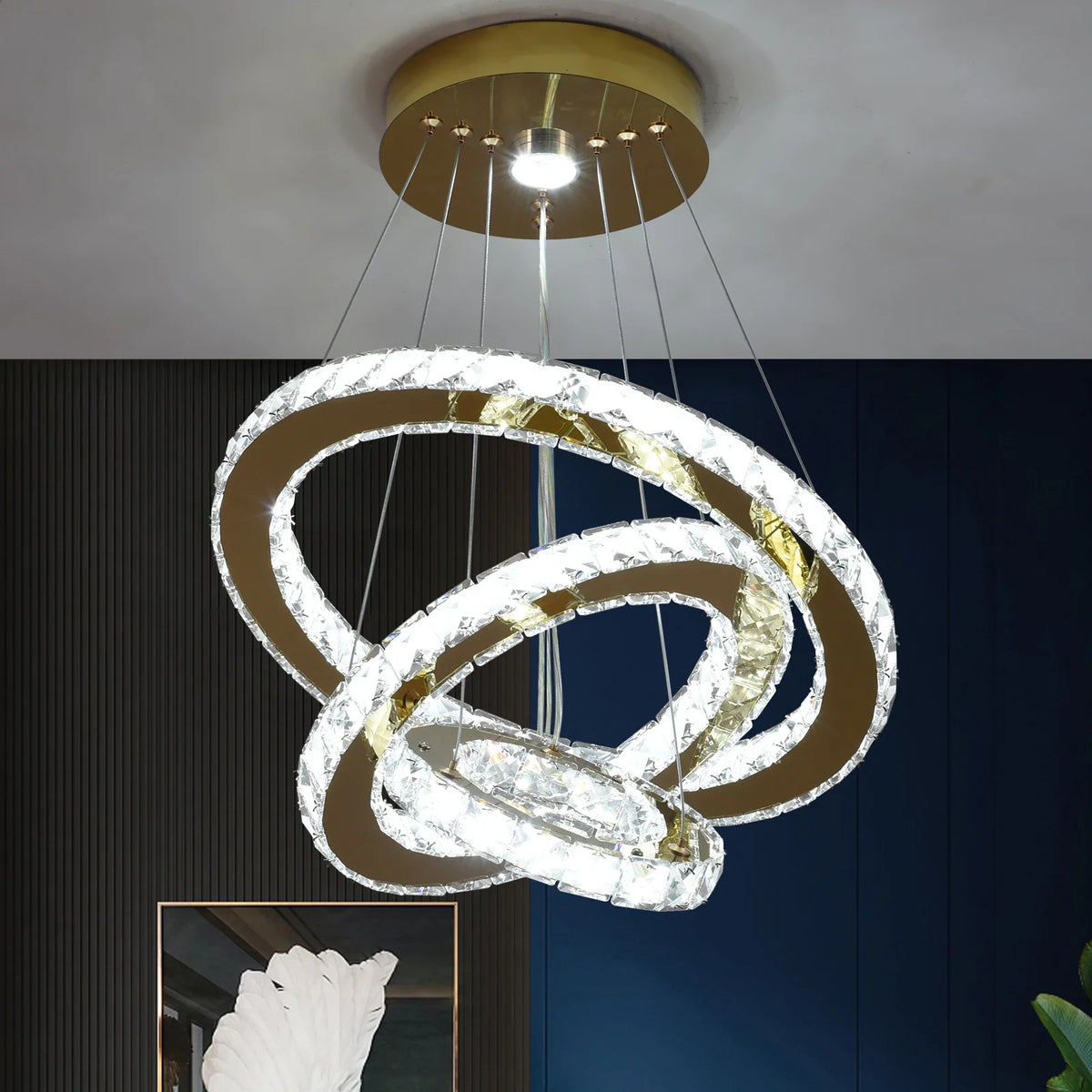 Lustre Cristal Français Luxe - Suspension Dorée Chromée 40cm LED