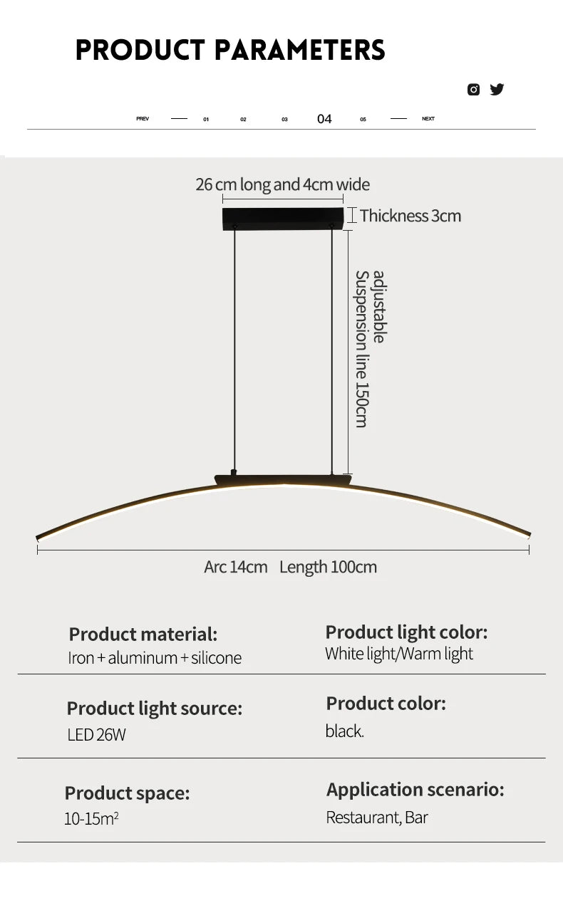 Suspension Arc LED Design Élégant — Luminosité Réglable — Salle à Manger