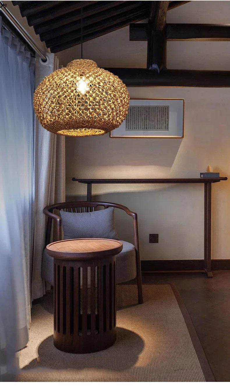 Suspension Bambou Rotin Rétro Japonais - Lustre Artisanal Tressé LED