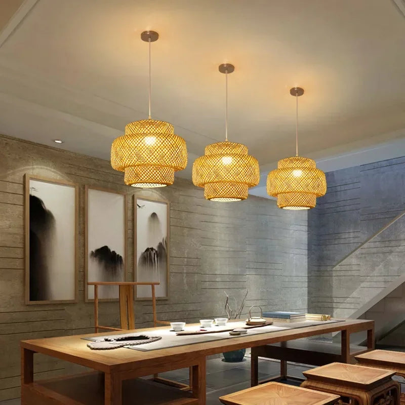 Suspension Bambou Moderne 30/40/50cm - Lustre LED Design Naturel