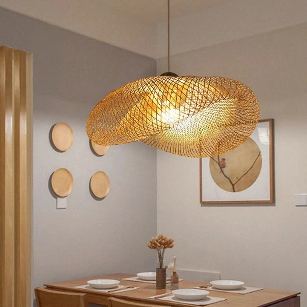 Lustre Bambou Tressé Artisanal LED — Design Vintage Naturel — 40 à 80cm