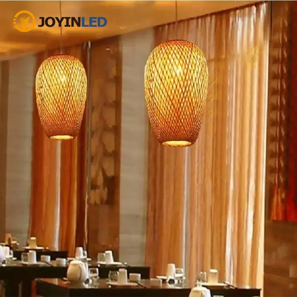 Suspension Osier Rotin Fait Main - Lustre Bohème Naturel LED