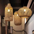 Suspension Bambou Rotin Rétro Japonais - Lustre Artisanal Tressé LED