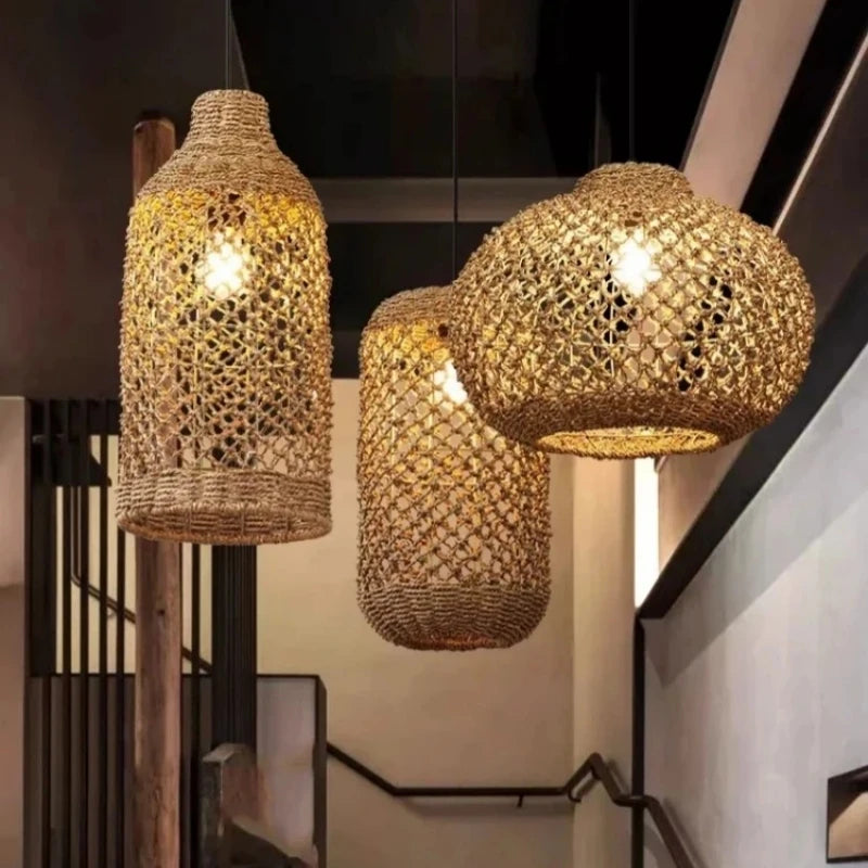 Suspension Bambou Rotin Rétro Japonais - Lustre Artisanal Tressé LED