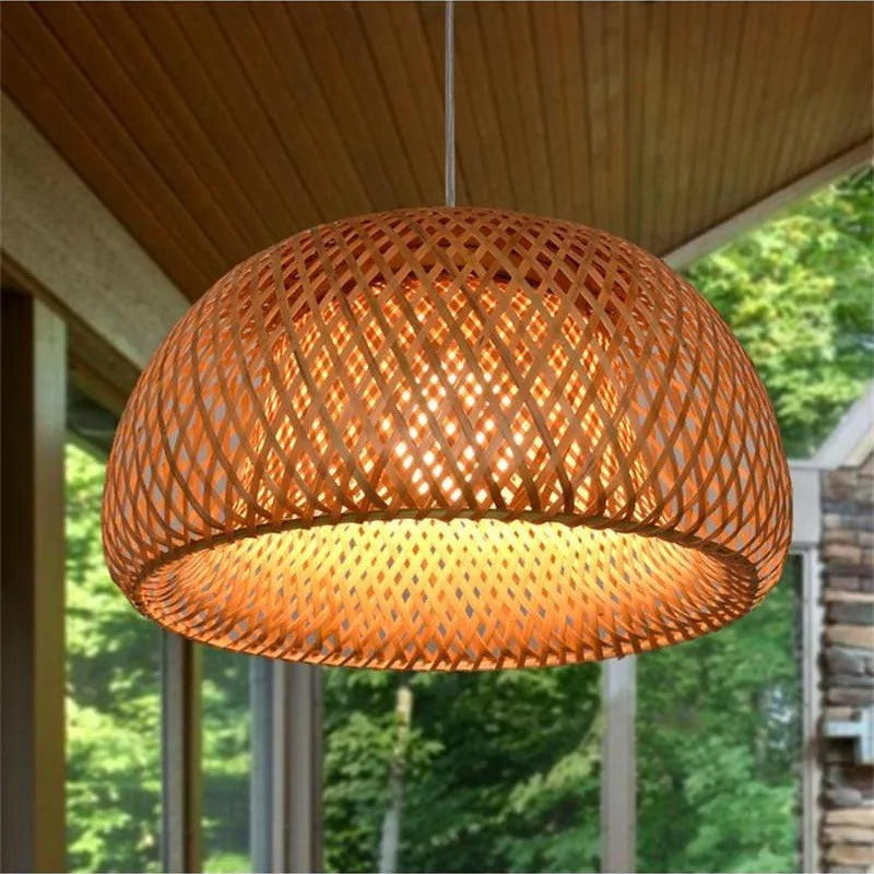 Suspension Bambou Tricotée Main 26cm - Lustre Artisanal Naturel LED
