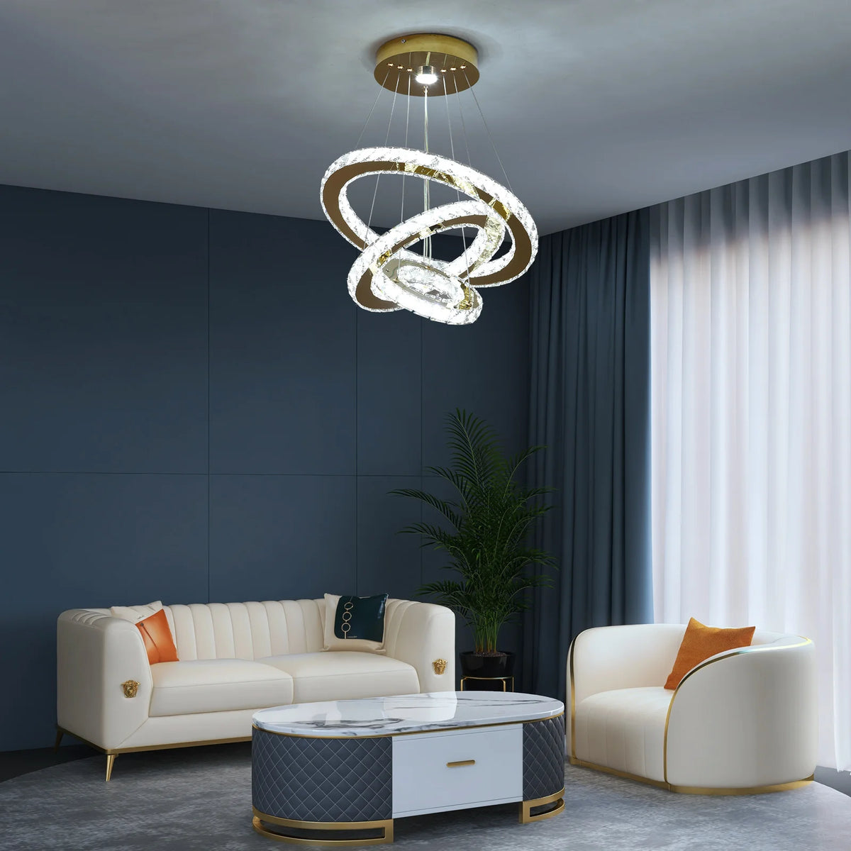 Lustre Cristal Français Luxe - Suspension Dorée Chromée 40cm LED