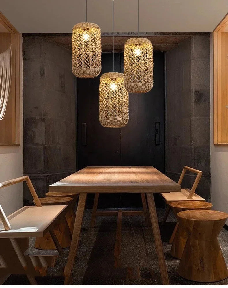 Suspension Bambou Rotin Rétro Japonais - Lustre Artisanal Tressé LED