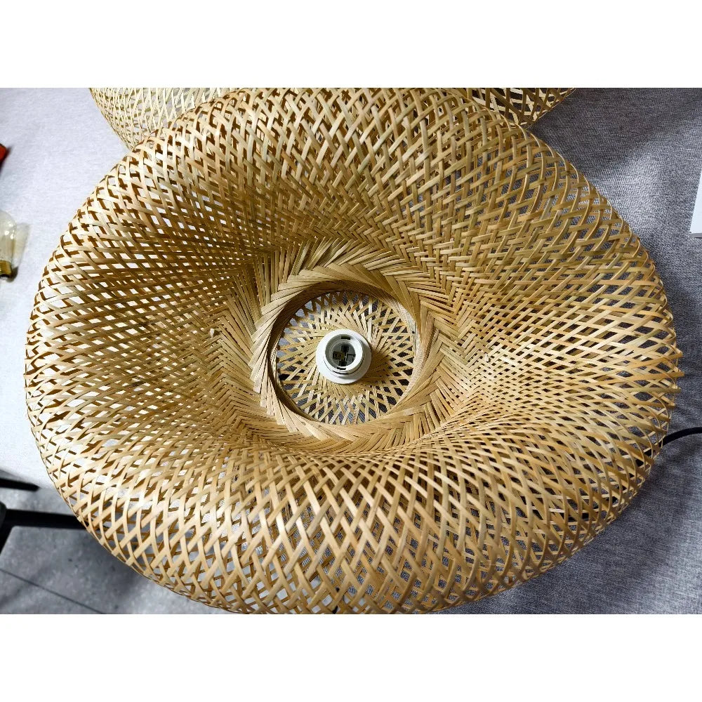 Lustre Rotin Tressé Main Vintage 40/60/80cm - Suspension Rustique LED