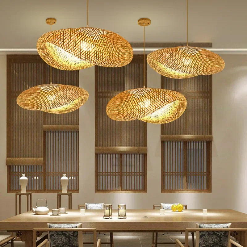 Suspension Bambou Tressée à la Main | Lustre Rotin Naturel 40/50/60/80/100cm | Luminaire Boho