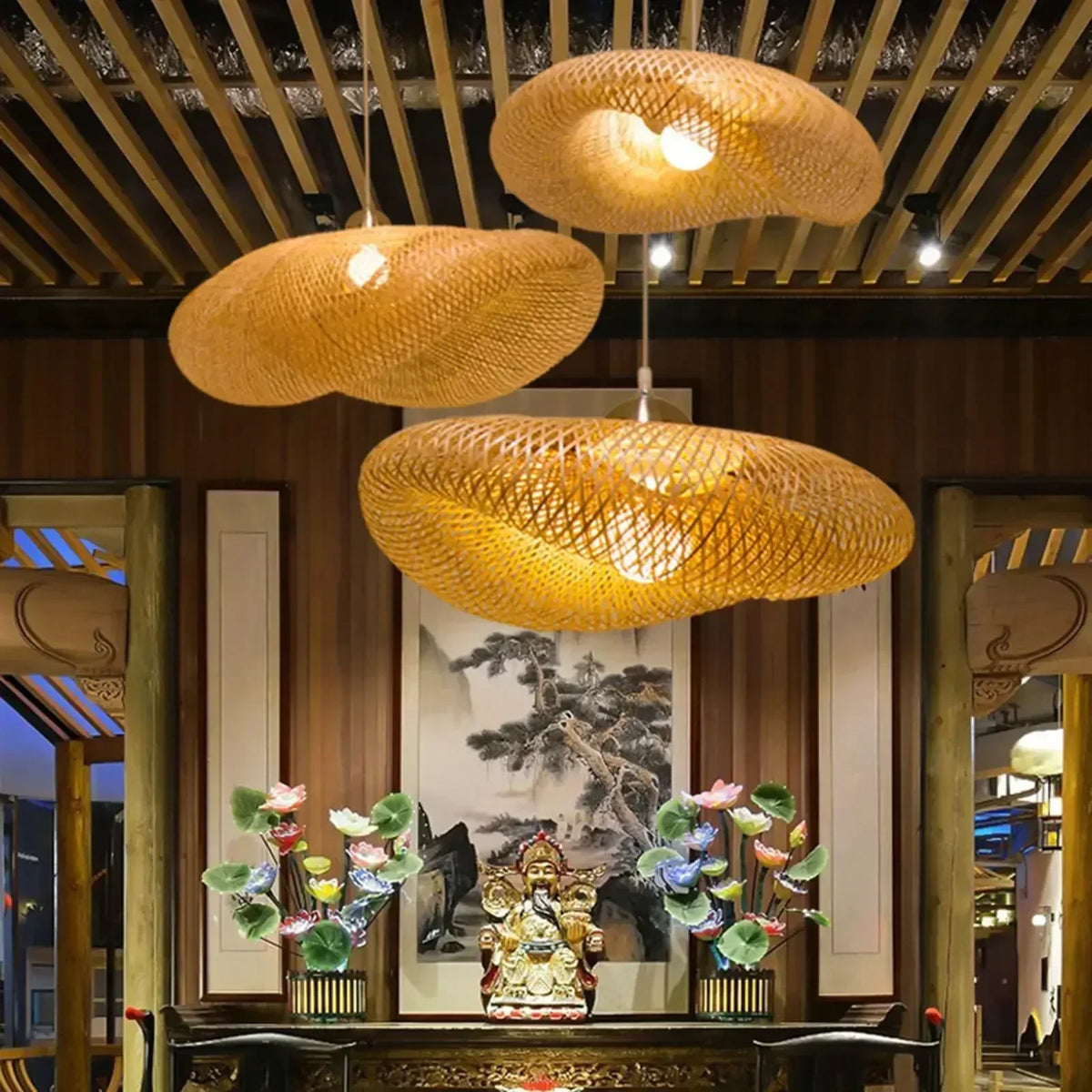 Lustre Bambou Tressé Artisanal Vintage LED - Suspension Naturelle