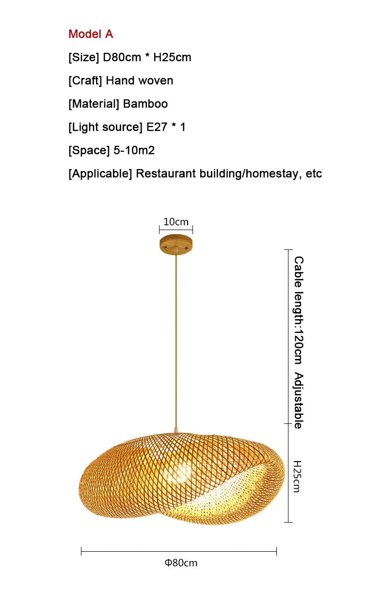 Suspension Bambou Tissé Main Rotin Naturel - Lustre LED 40 à 100cm