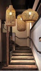 Suspension Bambou Rotin Rétro Japonais - Lustre Artisanal Tressé LED