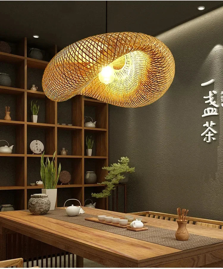 Suspension Rotin Tressé Fait Main 40/60/80/100cm - Lustre Bambou LED