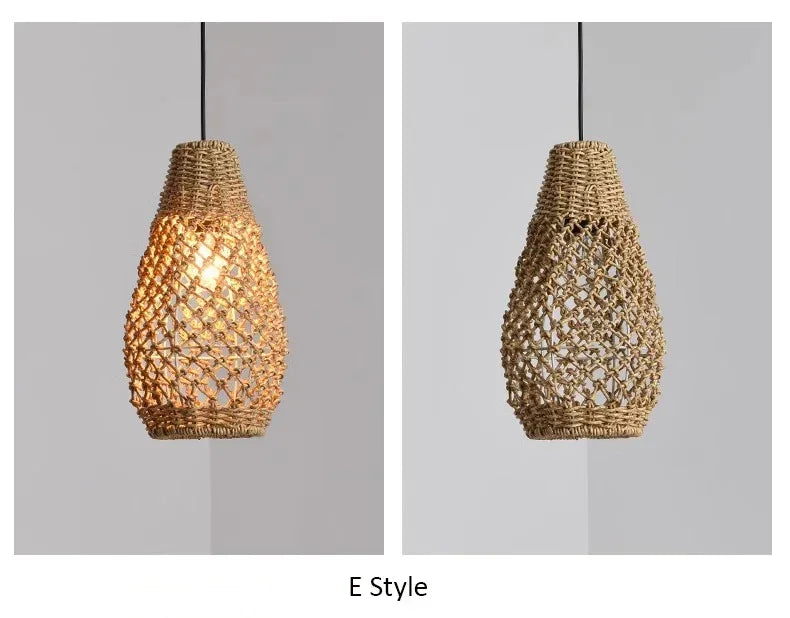 Suspension Bambou Rotin Rétro Japonais - Lustre Artisanal Tressé LED