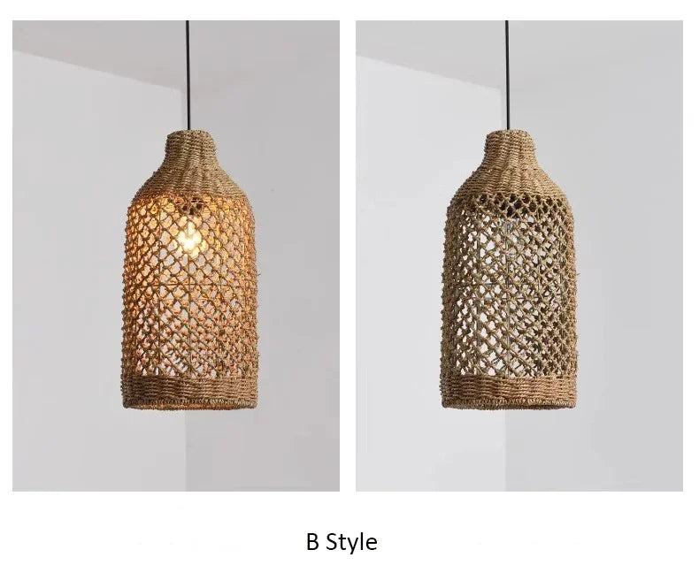 Suspension Bambou Rotin Rétro Japonais - Lustre Artisanal Tressé LED
