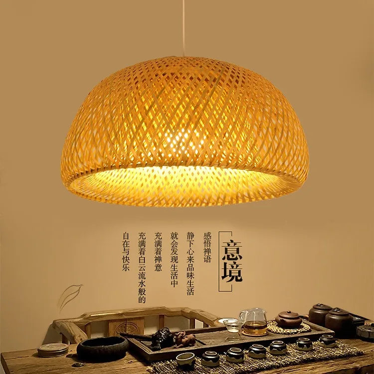 Suspension Bambou Tricotée Main 26cm - Lustre Artisanal Naturel LED