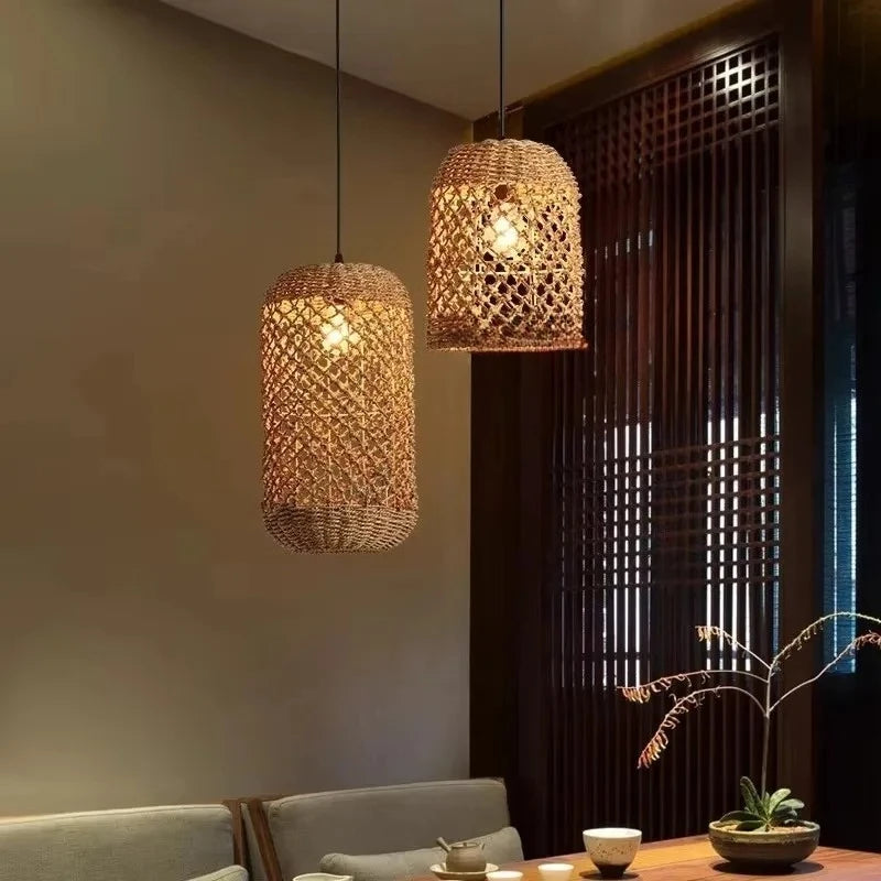 Suspension Bambou Rotin Rétro Japonais - Lustre Artisanal Tressé LED