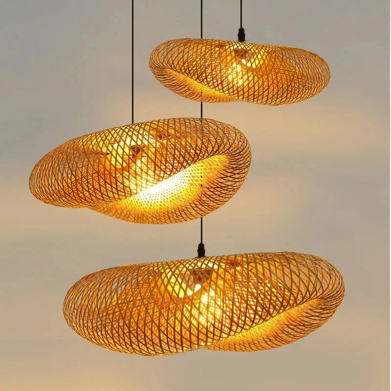 Suspension Rotin Tressé Fait Main 40/60/80/100cm - Lustre Bambou LED