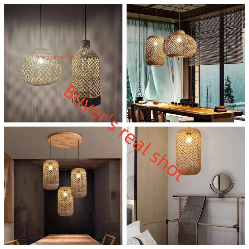 Suspension Bambou Rotin Rétro Japonais - Lustre Artisanal Tressé LED