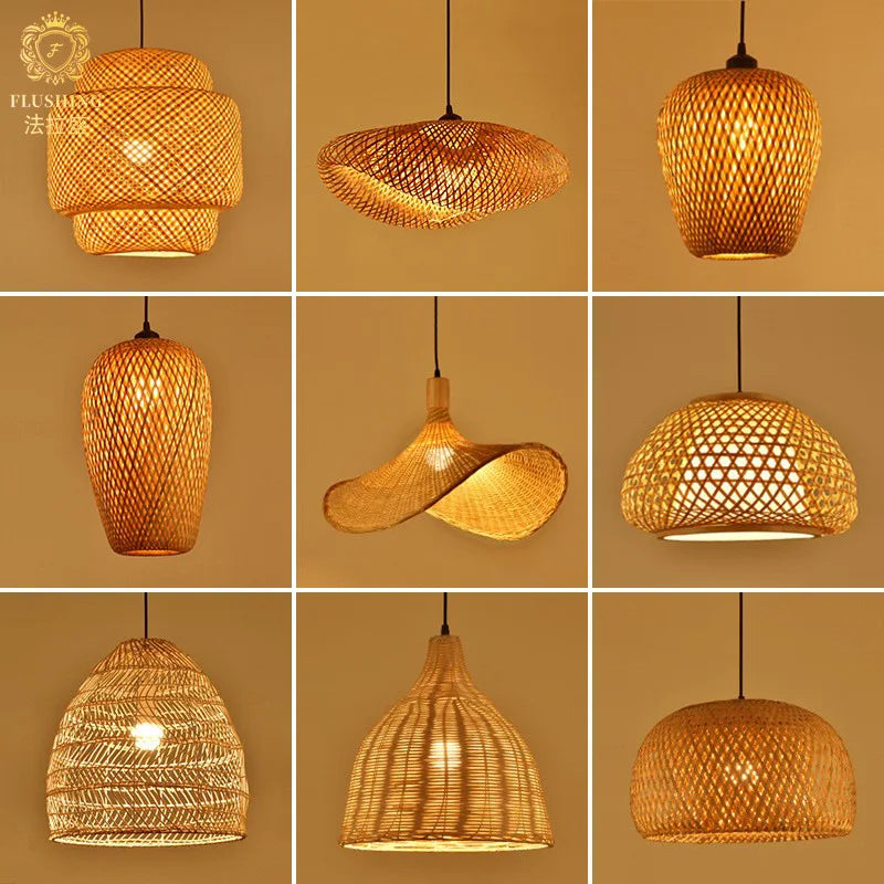Suspension Bambou Osier Rotin - Lustre Plafond Moderne LED