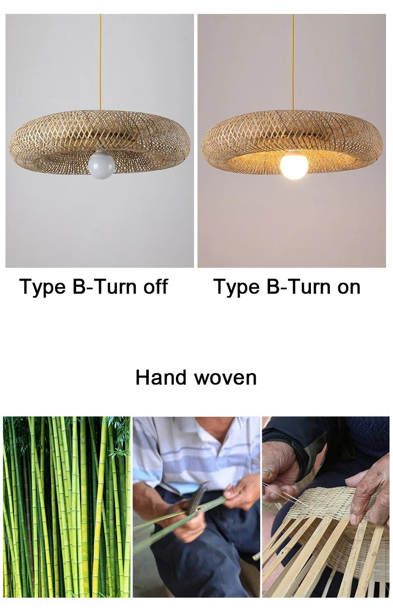 Suspension Bambou Tissé Main Rotin Naturel - Lustre LED 40 à 100cm