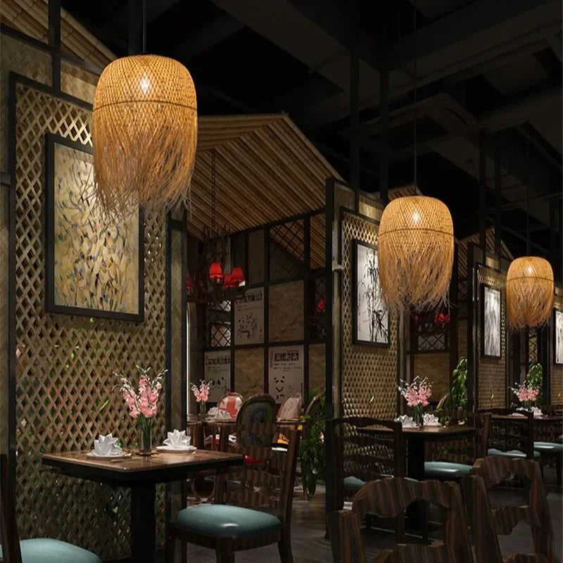 Lustre Bambou Créatif Style Loft - Suspension LED Asiatique Artisanal