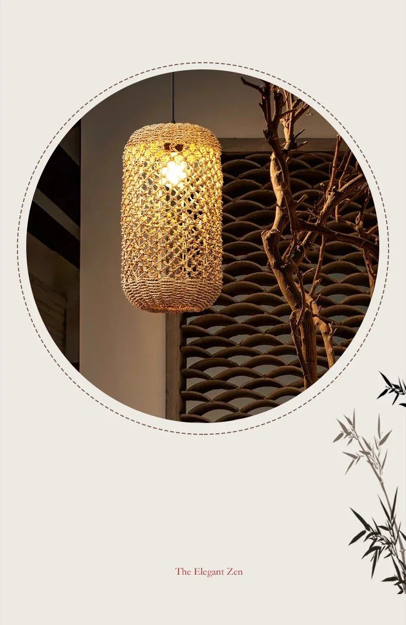 Suspension Bambou Rotin Rétro Japonais - Lustre Artisanal Tressé LED