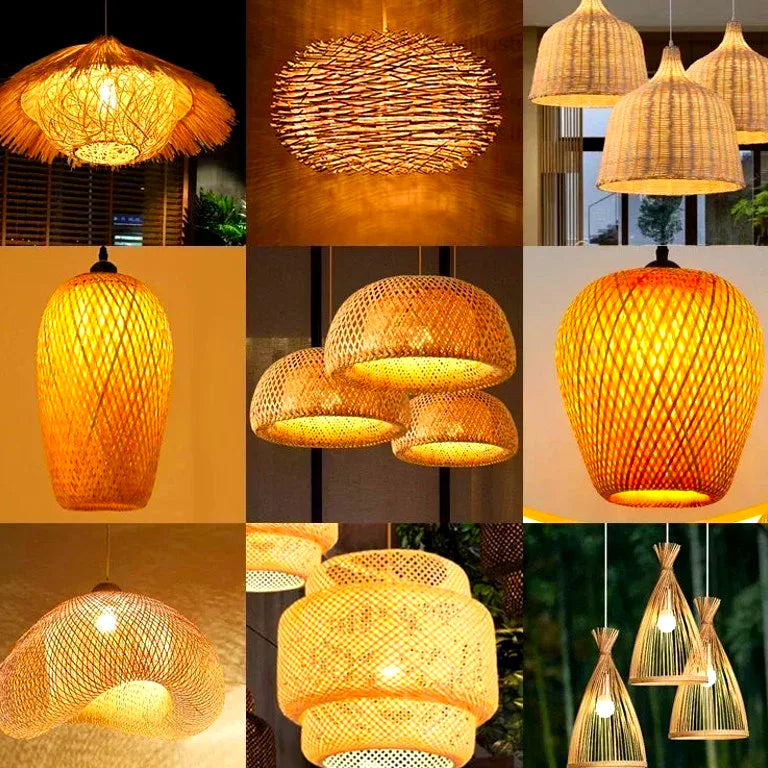 Lustre Bamboo Hanging Lamp Pendant Ceiling Light Rattan Wicker Lustre Hand Knit Braidin - Lustre France