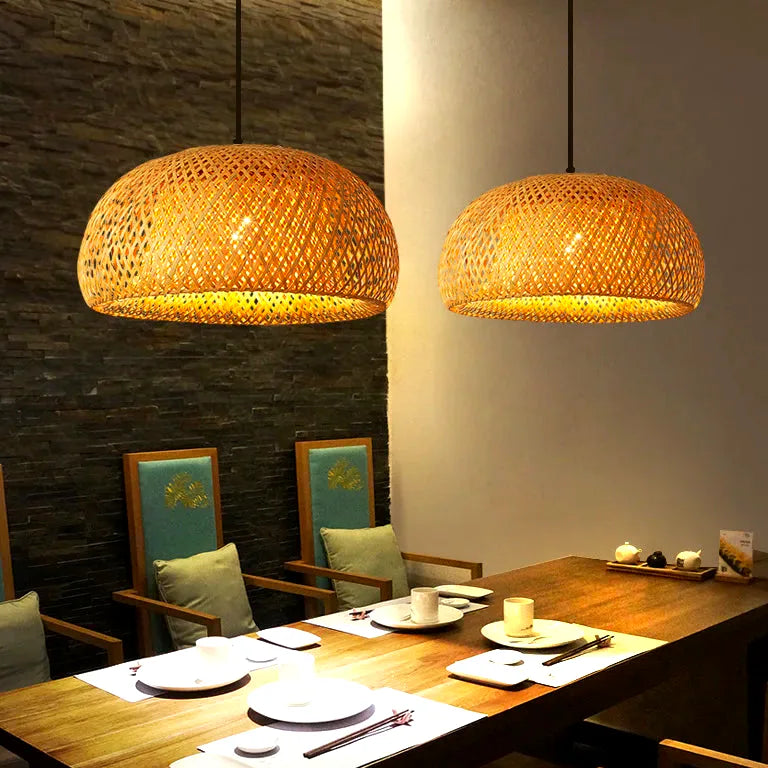 Lustre Bamboo Lantern 30cm Pendant Lamp Natural Rattan Wicker Chandeliers Hand-Woven La - Lustre France