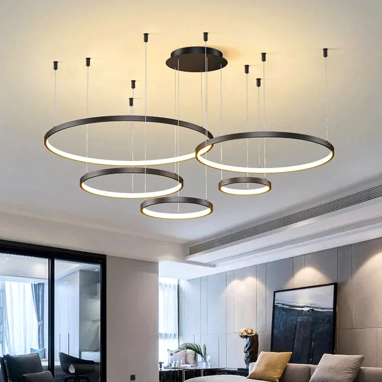 Lustre Black Rings Simple Style Modern Pendant Light Minimalist Chandelier Living Room  - vue 3