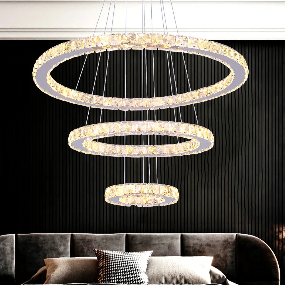 Lustre Crystal Ceiling Chandelier 3 Rings Hanging Chandelier Living Room Home Decoratio - vue 2